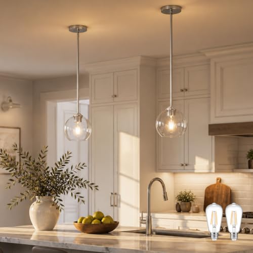 YSHomeStunn 7 Inch Nickel 2-Pack Modern Pendant Lights Kitchen Island Mid Century Modern Pendant Light Fixtures with Clear Glass Globe Modern Hanging Pendant Light for Bathroom Bedroom （Bulb Incl）