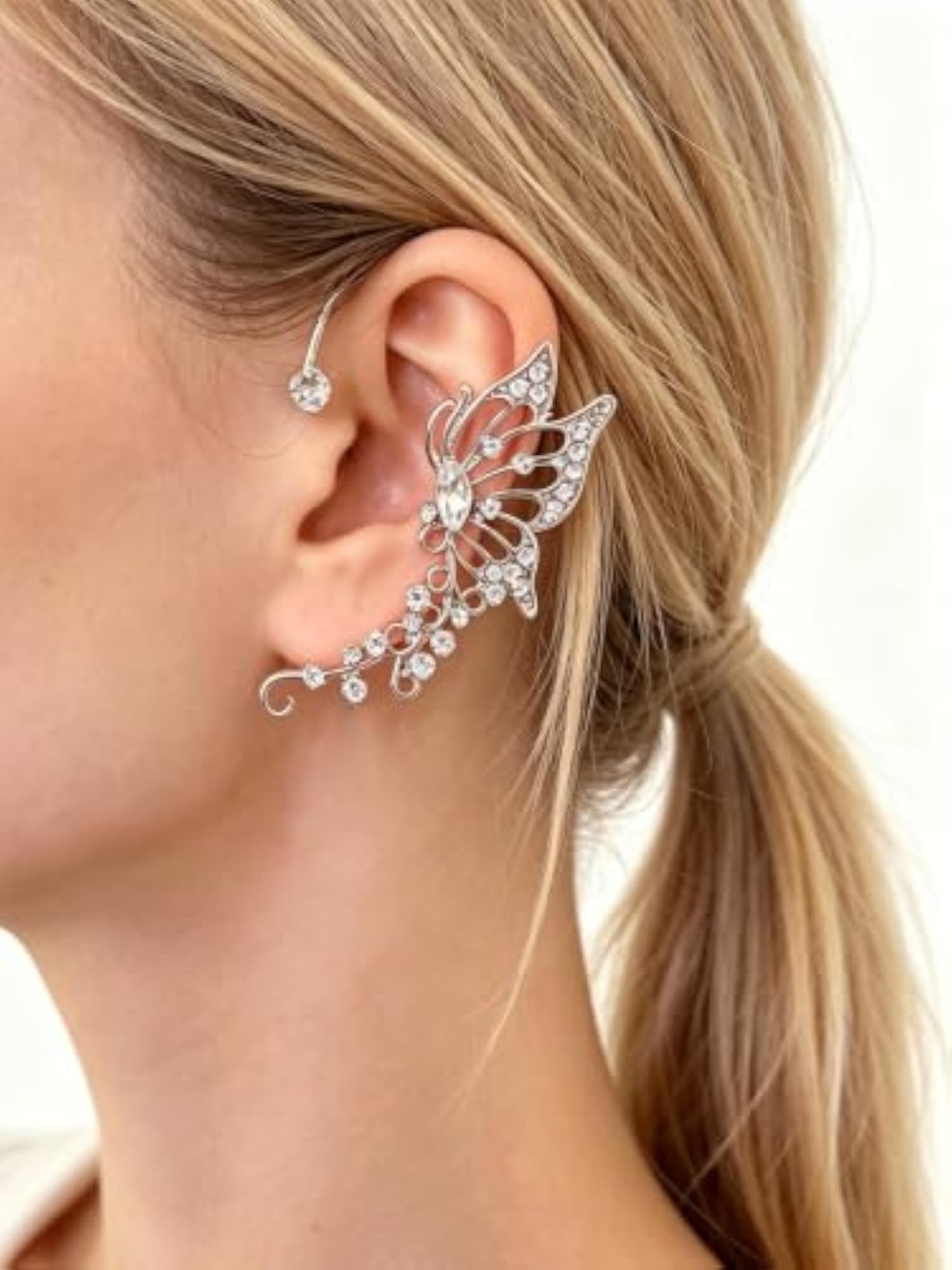 2Pcs Rhinestone Butterfly Ear Cuffs, Adjustable Jewelry