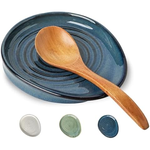 Seyatoo Ceramic Spoon Rest for Stove Top, Spoon Holder for Kitchen Counter, Farmhouse Cooking Utensil Holder for Spoons, Ladles, Spatula, Glazed Blue Cover