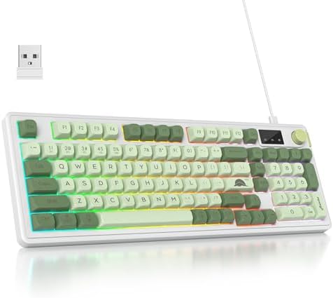 Owpkeenthy 96% Wireless Green Keyboard with Knob, 98 Keys Silent Gasket Mouted Membrane Gaming Keyboard 3-Mode Wired/Bluetooth 5.0/2.4G for Win/Mac(98 Matcha)
