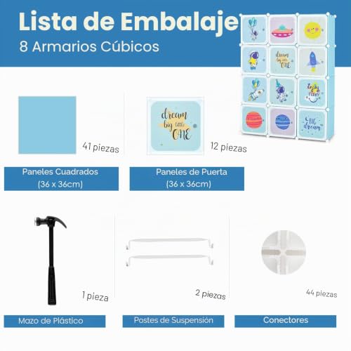 Miniatura 6 de Goplus Armario Modular Infantil De 12 Cubos Plásticos 35 35 Cm, Mueble De Almacenaje Juguetes Con Barra De Suspensión, Armario Cubo Oragnizador Para Ropa Zapatos Libros, 107 X 35 X 142 Cm