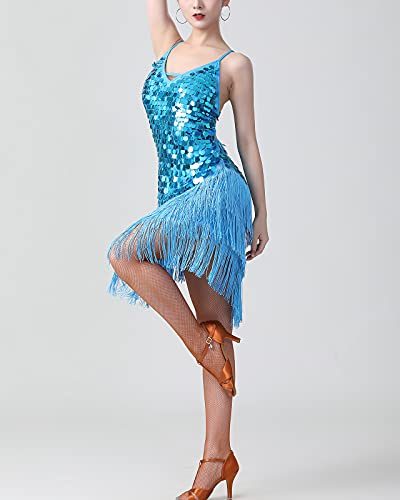 Whitewed Frigne Sequin Short Latin Salsa Night Dress With Fringe For Club Girls, Ocean Blue, One Size #TOP3