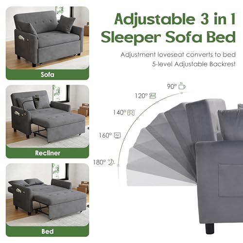 AYEASY Sleeper Sofa Bed, 3 in 1 Convertible Sleeper Couch Bed Pull Out, Small Loveseat Sofa, Futon Sofa Bed Full Size, 46\" Velvet Love Seat with Pillow and Phone Holder for Living Room, Grey - Thumbnail 4