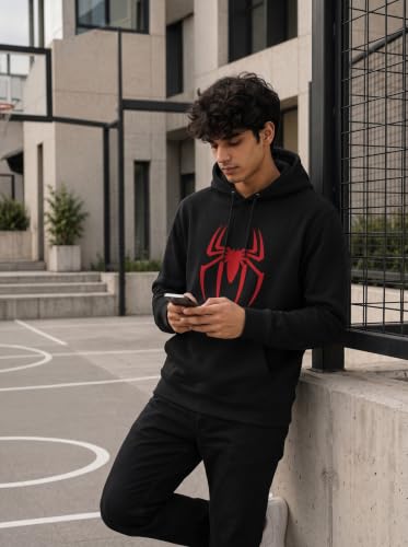 Image of More & More HOODMASTER Men's Cotton Hoodie Sweatshirt with Full Sleeves Regular Fit Solid Pattern Spider Printed Theme Hooded Neck and Standard Length | Cotton Hoodie Sweatshirt for Men