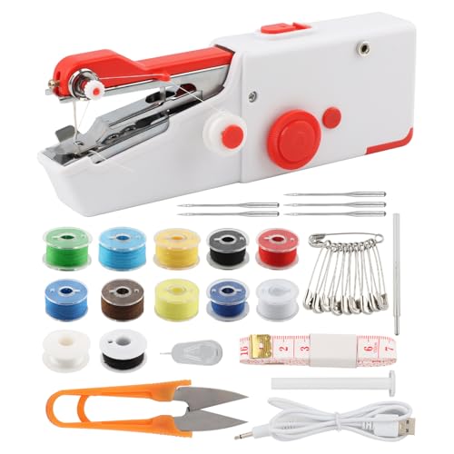 Mini Handheld Sewing Machine for Beginners, Portable Electric Stitcher, Complete Kit, Dual Power (White Red)
