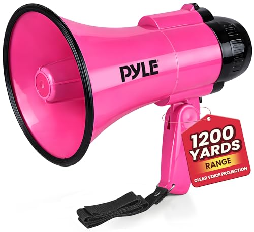 Bullhorn portátil para alto-falante Megafone – Compacto e operado com bateria de 30 watts, microfone, 2 modos, som PA e alça dobrável para líder de torcida e uso policial – Pyle PMP34PK (rosa)