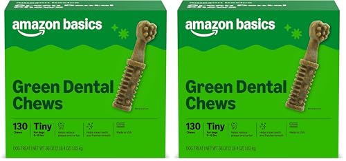 Image of Amazon Basics Dental Dog Treats to Help Clean Teeth & Freshen Breath - Tiny (5-15 lbs), Unflavored (Previously Wag) (Pack of 2)
