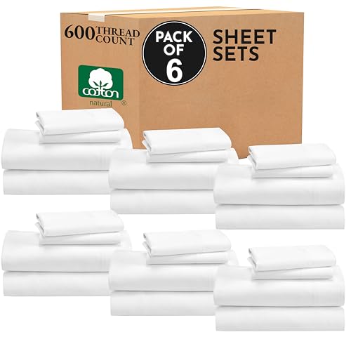 Image of California Design Den Bulk Pack of 6 King Size Sheet Sets - 600 Thread Count 100% Cotton Sateen, Deep Pockets, Case Includes 6 Flat Sheets, 6 Fitted Sheets & 12 Pillowcases (White)