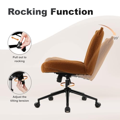 Armless Office Desk Chair with Wheels,Ergonomic Criss Cross Legged Computer Chair with Fabric Padded, Height Adjustable Wide Seat Vanity Chair,Mid Back Task Chair for Home, Bedroom (Brown)