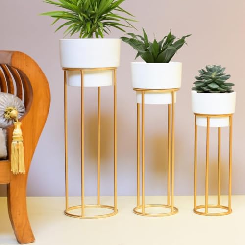 Image of ZM Handicrafts Metal Floor Planter Pot Stand with Gold Finish, Set of 3, Modern Style, for Living Room, Bedroom, Balcony, Office | Indoor / Outdoor Flower Pot Stand with Pots (White Pot)