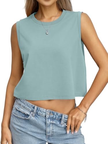 EasyGala Womens Cotton Loose Fit Crop Tank Tops Basic Crewneck Sleeveless Tee Casual Workout Summer Going Out Outfits Green M