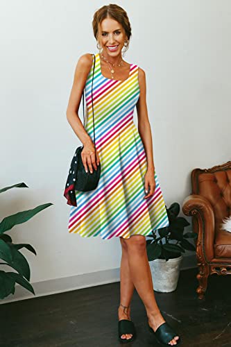 Image of uideazone Ladies Women Rainbow Sundress One Piece Halter Beach Dresses Sleeveless Pleated Sling Dresses for Beach Casual Home