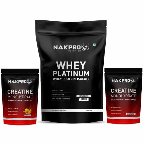 Image of NAKPRO PLATINUM 100% Whey Protein Isolate & MICRONIZED CREATINE MONOHYDRATE (Unflavoured, 250 g) & MICRONIZED CREATINE MONOHYDRATE (Fruit Punch, 250 g)
