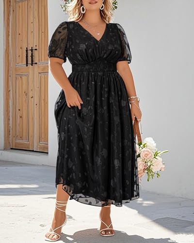 Image of Pinup Fashion Plus Size Wedding Guest Chiffon Semi Formal Maxi Dress | Chiffon, V-neckline, short sleeves, shirred waist, textured floral pattern, maxi length, versatile for all seasons