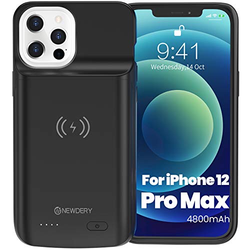 NEWDERY Battery Case for iPhone 12 Pro Max 6.7”, 4800mAh Portable Protective Backup Qi Wireless Charging Case Compatible with iPhone 12 Pro Max, Rechargeable Extended Battery Charger Case (Black)