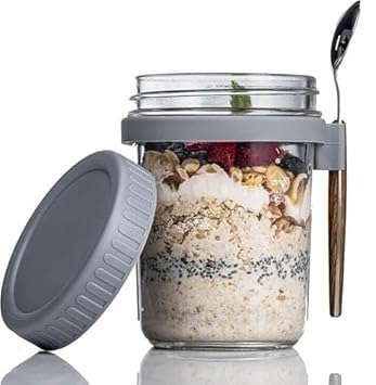 CQZ Oats Containers with Lids and Spoons 350 Ml Glass Mason Jars for Overnight Oats Leak Proof Oatmeal Container (Set of 1)(p LRS)