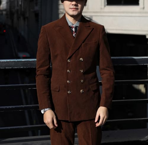 Men's Suits Jacket Vintage Corduroy Blazer Double Breasted Slim Fit Sports Coat Formal Casual3