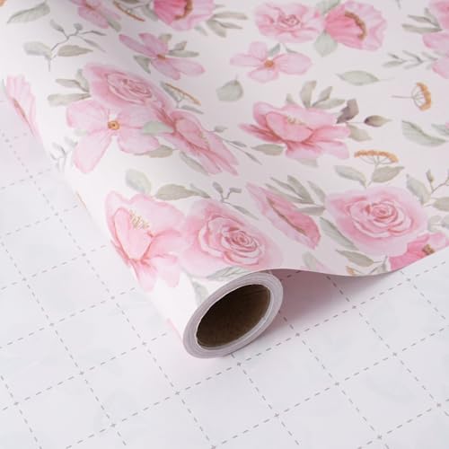ZINTBIAL Pink Floral Wrapping Paper Roll - Watercolor peonies and leaves Design, 17 Inches x 16.5 Feet, Gift Wrap for Wedding, Bridal Shower, Birthday, Mother's Day, Cut Lines on Back
