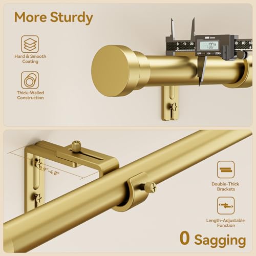 Image of YaFex Curtain Rods 2 Pack 32-144 Inch, Heavy Duty 1 Inch Curtain Rod, Gold Extra Long Adjustable Window Treatment Rods, Modern Design, Easy Installation