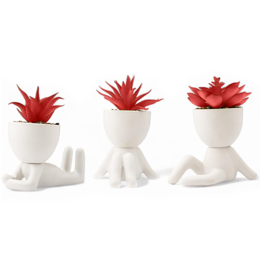 LUNIER Seated Succulent Set (Set of 3) | Ceramic House Plant Pots With Artificial Succulent Plants Cute Mini Fake Plants In Small Decorative Faux Pot For Indoor Home Dcor, Office Desk, Windowsill