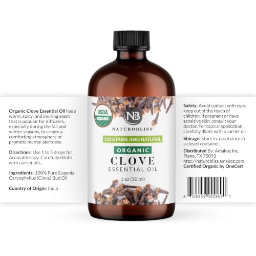 Image of NaturoBliss Organic Clove Essential Oil 1 oz - 100% Pure, Natural, Undiluted for Toothache, Sore Muscles, Skin & Hair Care - Soothing Clove Bud Oil for Aromatherapy, Warm Spicy Aroma
