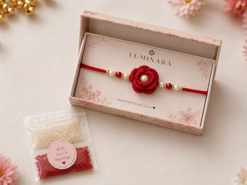 Image of Handmade Crochet Rose Flower Rakhi for Brother, Red, Cotton Yarn, with Pearl & Beads, Adjustable, Raksha Bandhan