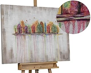 Kunstloft Acrylic painting | 100% HANDPAINTED | 39x30inches | Framed wall art 'Buoyant Spirit' | Forest & trees | Multi-coloured Beige | Painting on canvas