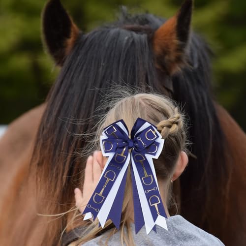 YKW 2 Pack Moños Ecuestres para Cabello para Niñas - Clips de Cinta con Diseño de Freno de Caballo en Azul Marino y Blanco - Accesorios de Grosgrain para Eventos de Equitación, Escuela, Fiestas - 4.3×7.5 Pulgadas miniatura 7