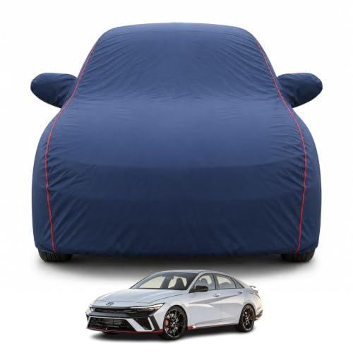 Image of Premium Car Cover for Hyundai's Elantra Model | Waterproof, UV & Dust Protection | Mirror & Antenna Pocket | Triple Stitched, Soft Inner Lining, Belt & Buckle (Navy Blue)