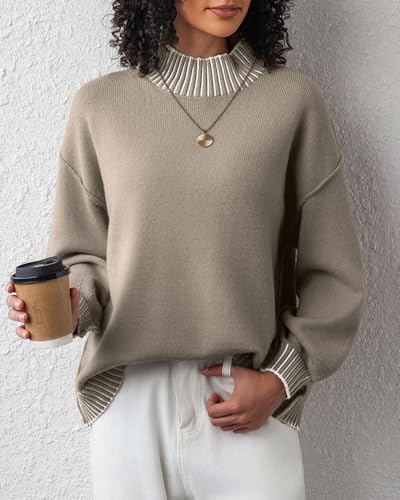 Image of CHYRII Women Fall Fashion 2024 Sweater Overiszed Batwing Long Sleeve Striped Turtleneck Pullover Sweater Tops Outfit