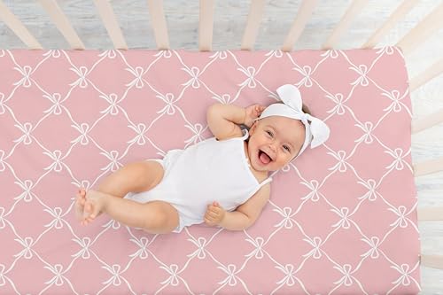 Image of Sweet Jojo Designs Fitted Baby Crib Sheets (Pink and White Bows) for Girls, Infant Nursery, Toddler Room - Standard Size (Blush Bow for the Shabby Chic, Ballet, Dancer, Ballerina Princess Collection)