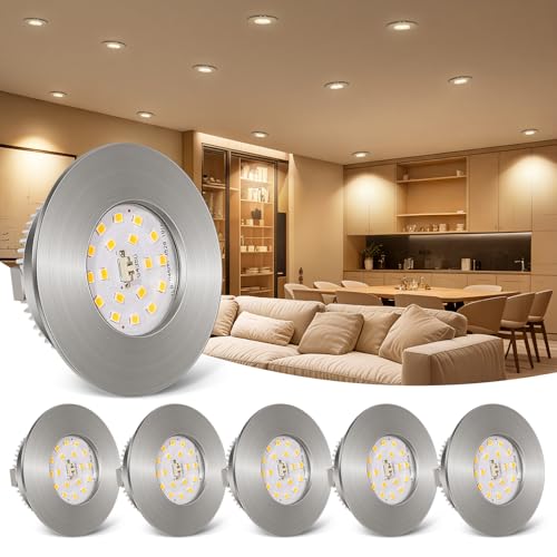 TaoFiaCo 6W Spot Encastrable LED 230V - Spots LED Ultra Plats Blanc Chaud 3000K - IP44 Trou Φ 60-65mm Spots de Plafond Pour Salle de Bain Cuisine Salon - Nickel Mat Lot de 6