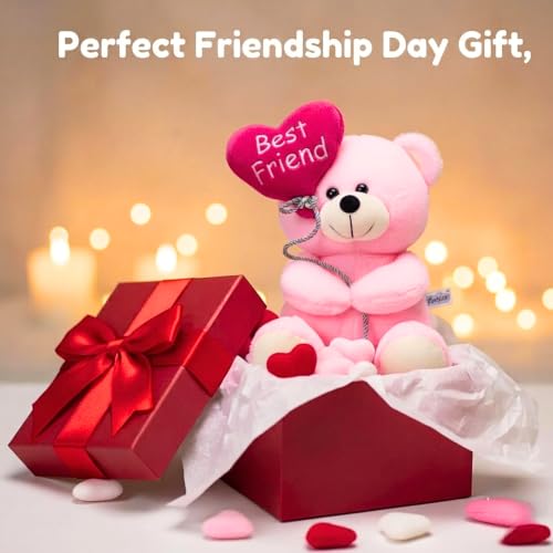 Image of Tickles Cute Teddy Holding Best Friend Heart Balloon Soft Stuffed Plush Toy for Kids Boys & Girls Friendship Birthday Gift (Color: Pink Size: 18 cm)
