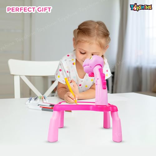 Image of Toyshine Dino Theme Smart Projection Drawing Board with Music Include Art Supplies Doodle Table Kit | Trace and Draw Projector Toy for Kids Age 3+ (Pink)