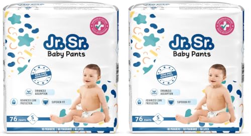 Image of Jr. Sr. Baby Diaper Pants | Small (S) Size (4-8 kg), 76 Count | Pack of 2 | Upto 12 hr Absorption with Advanced Leak Protection | Safe For Babies Skin | Soft, Secure & Comfy