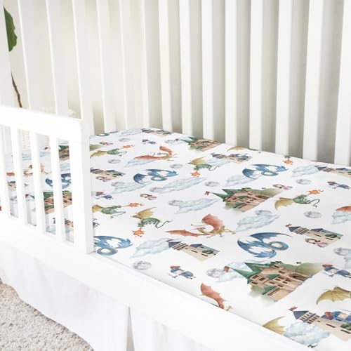 Image of Fairytale Dragons Castle Baby Crib Sheet 52''x28'' Cute Dragon Princess Knight Moon Clouds Stretchy Fitted Crib Mattress Cover for Boy Girl Bed Sheets for Standard Crib Toddler Mattress