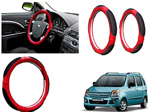 Image of Microfiber Car Steering Wheel Cover, Soft Padding Great Hand Feel, Anti-Slip, Faux Leather Steering Cover for Maruti Suzuki WagonR 2006 2010 | Black Red Jali - Pack of 1