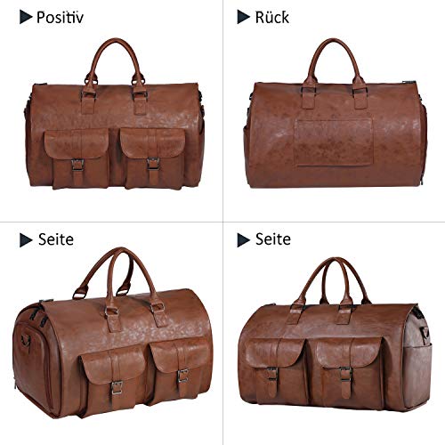 Carry On Garment Bag, Waterproof Mens Garment Bag for Travel Business, Large Leather Duffel Bag with Shoe Compartment -Brown