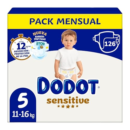 Dodot Pañales Bebé Sensitive Talla 5 (11-16 kg), 126 Unidades, Protección Antifugas hasta 12 h, Suavidad Extra para Piel Sensible, Indicador de Humedad, Pack Ahorro Original