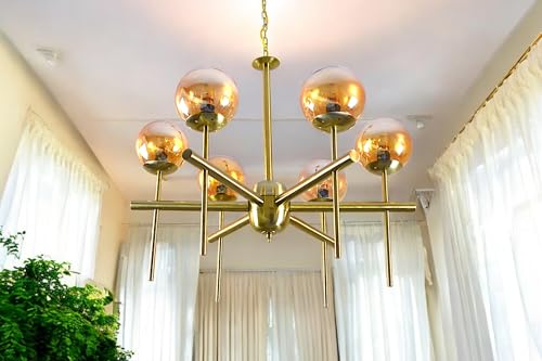 Image of Prop It Up Modern Sputnik Chandelier, 6-Light Brass Pendant Light with Amber Glass Globe Shades, Without Bulbs