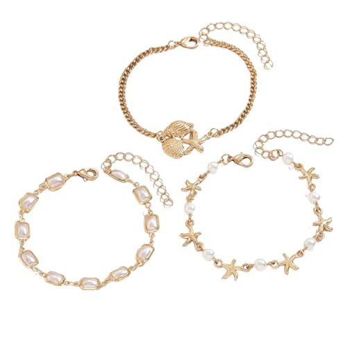 Bracelet fausse perle en coquillage et mailles cubaines or superposé pour femme et fille