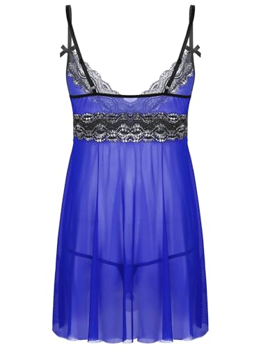 Men's Sissy Lingerie Dress Crossdresser Sheer Mesh Lace Tirm V Neck Nightdress with G String2