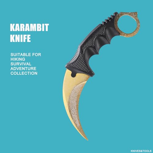 Image of Karambit Knife Fixed Blade Tactical Camping Tool, 2 Pieces Stainless Steel Outdoor Hunting Knife with Sheath and Cord, Suitable for Hiking, Adventure, Survival and Collection (Black&Gold)