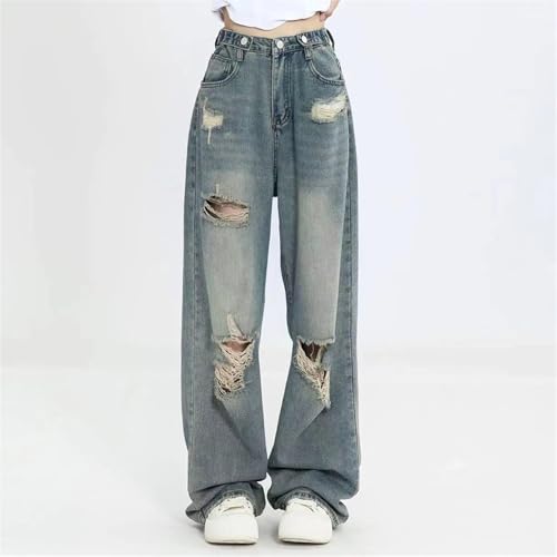 Women's Retro Hole-Punched Jeans Women High Waist Straight-Crotch Loose Slim Design Wide-Legged Dragging Pants2
