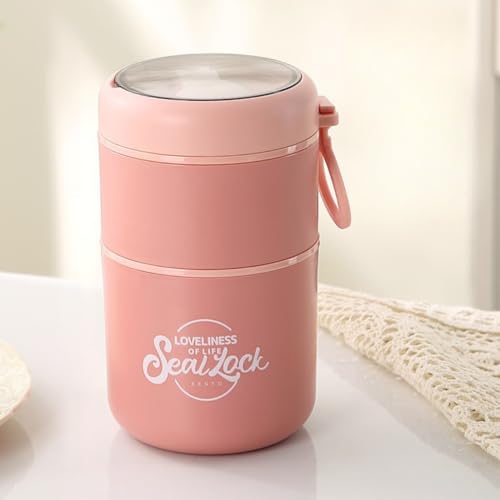 Image of 2 Compartment Stainless Steel Lunch Box with Spoon | 780ml Leak Proof Insulated Food Jar | 304 Steel Thermal Tiffin for Office, School, Travel (2 Copmaprtment Pink with Spoon)