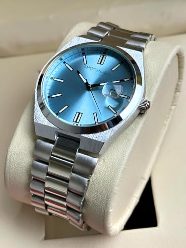 Image of AMERICANVIBER Men's Silver Stainless Steel Watch, Vibrant Green Sunburst Dial, Quartz Analog Movement, Date Display, Faceted Bezel for Men