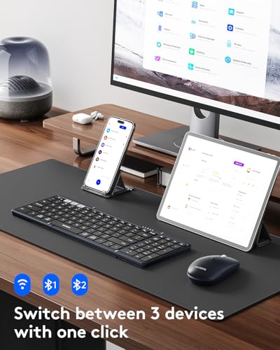 Image of Foldable Keyboard and Mouse, Samsers Folding Bluetooth Keyboard Combo, 2.4G + BT5.0 x 2, Full-Size Portable Travel Keyboard & Rechargeable Wireless Mouse for Windows Android iOS Mac OS, Midnight