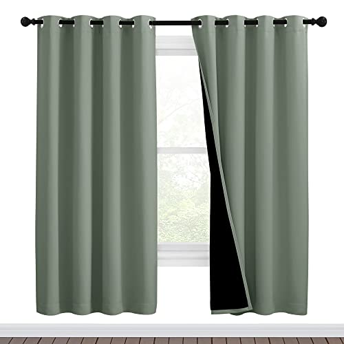 Image of NICETOWN 100% Blackout Window Curtain Panels, Full Light Blocking Drapes with Black Liner for Nursery, 72-inch Drop Thermal Insulated Draperies (Greyish Green, 2 Pieces, 46-inch Wide Per Panel)