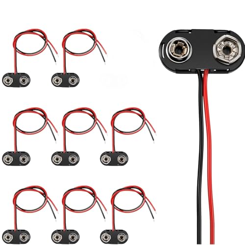8 Pcs 9V Battery Snap Connector, 9v Holder, Plastic Battery Snap T-type Cable Lead, 15 cm Flying Leads PP3 Connector Buckle Plastic Housing, Black Red Cable Connection