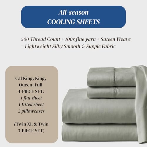 Image of Beckham Hotel Collection 100% Cotton Cal King Sheet Set, 4-Piece, Aqua Gray | 500 Thread Count, Silky Soft Weave, Breathable, Anti-Pilling, 16-Inch Pocket, All-Around Elastic, Gets Softer with Every Wash